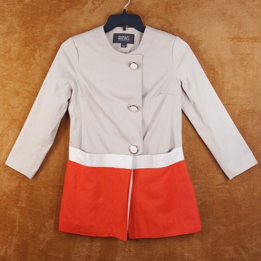 BADGLEY MISCHKA Womens Jacket Small Tan Color Block Button Up Lightweight